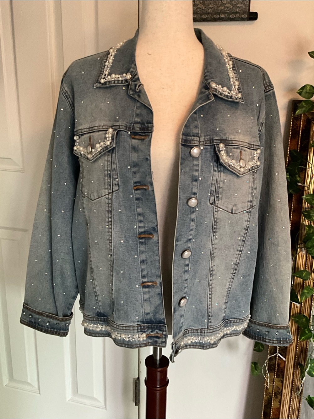 Diane Gilman Light Blue Pearl-Trimmed Denim Jacket